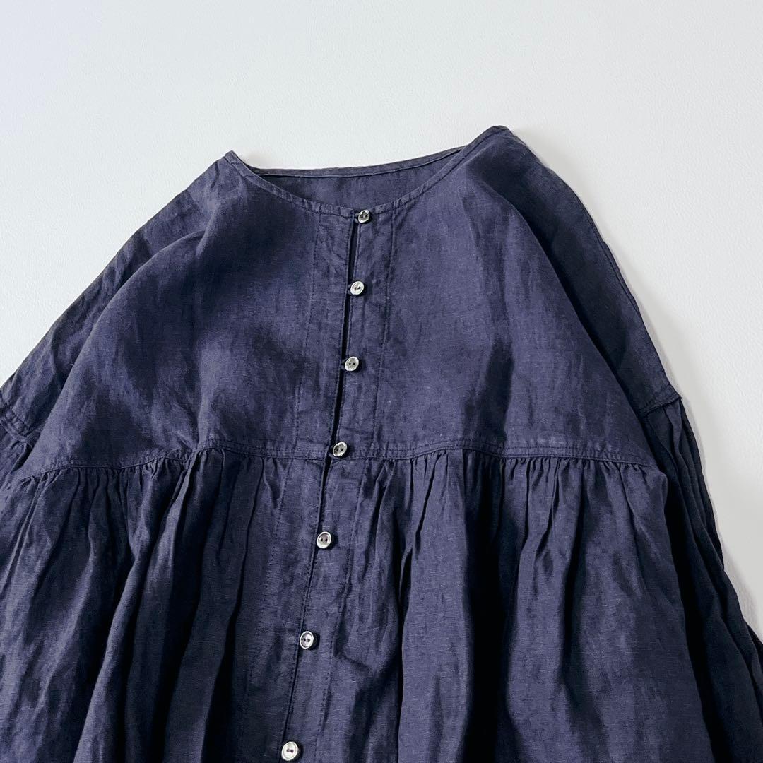 美品✨nest Robe リネン100%ゆったり　長袖シャツ　ブラウス　濃紺
