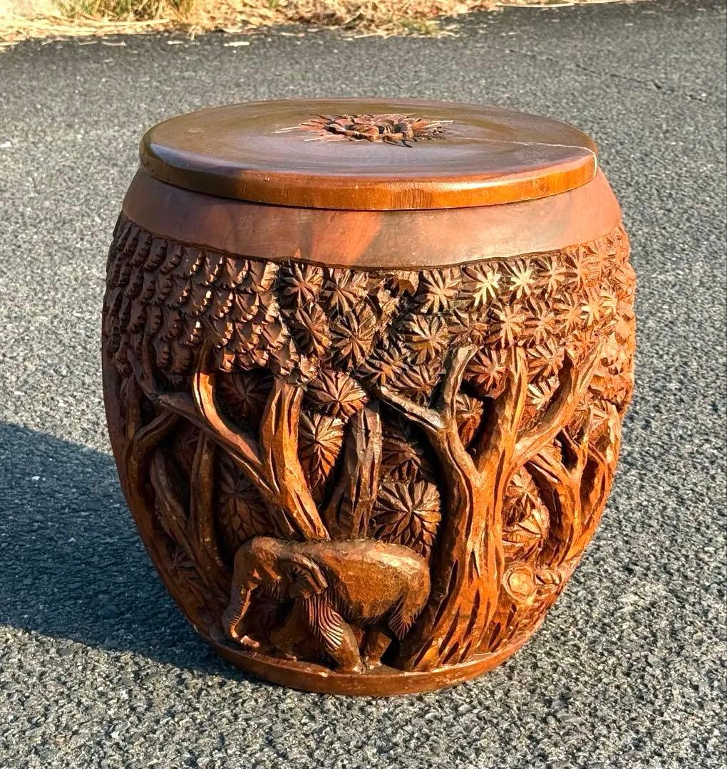 1点モノ♪一本彫 重量感♪ アンティーク スツール 収納樽 タイ ゾウ アジアン