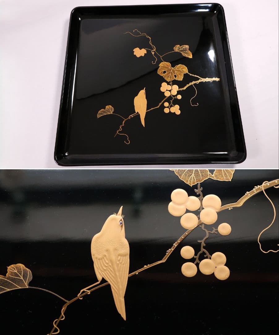 【MB204】天然木漆塗 花鳥絵替金蒔絵 黒塗卓上膳十客 四方膳 36.3cｍ