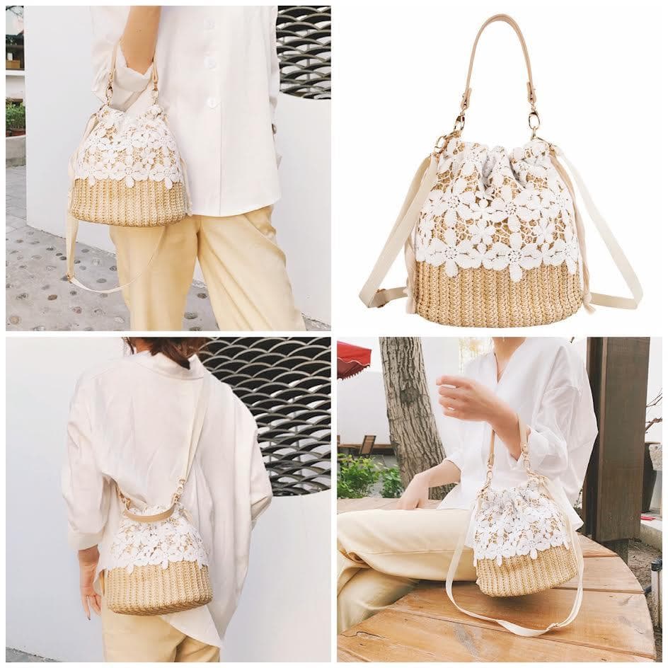 カゴバッグ ショルダー 斜めがけ 水着 夏 海 プール 浴衣 レース レジャー