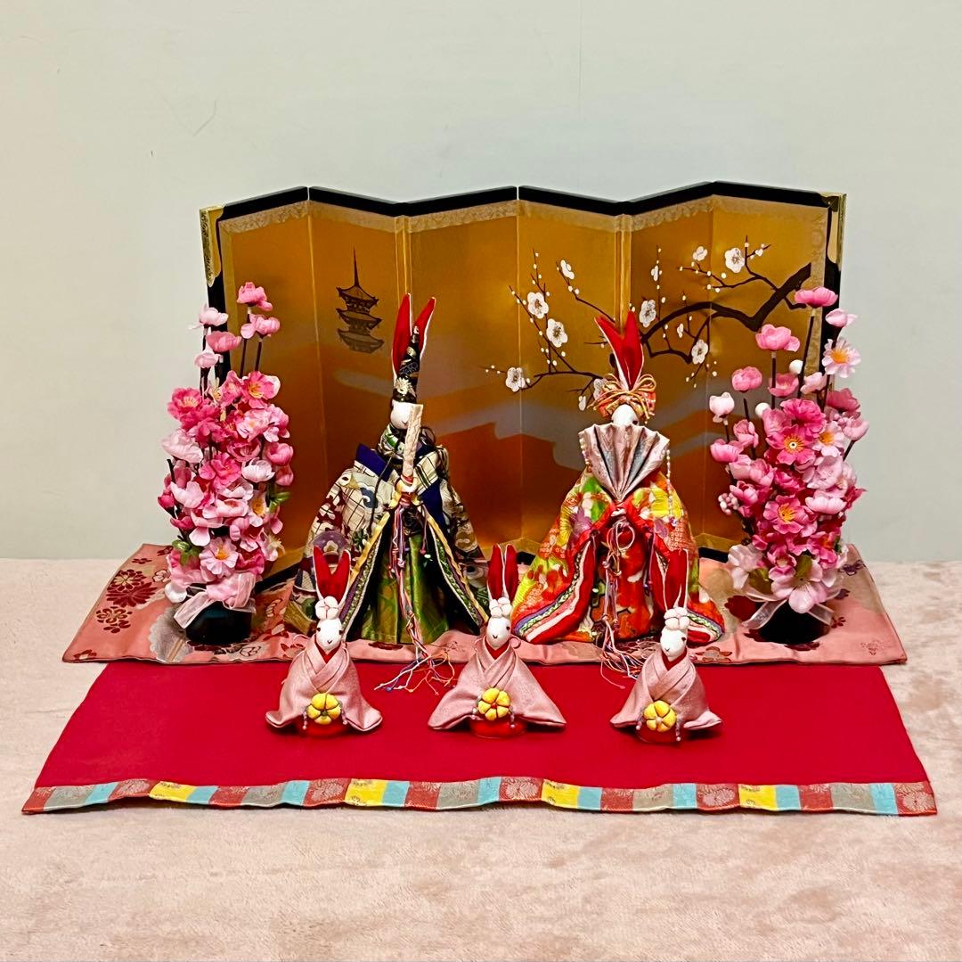 うさぎ雛人形飾り☆ひな祭り☆セット☆三人官女☆古着物再利用☆手作り☆保管品