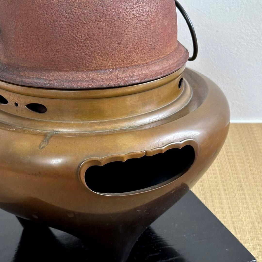 唐銅【朝鮮風炉釜 茶釜】釜環 銅蓋 電熱器付 茶道具