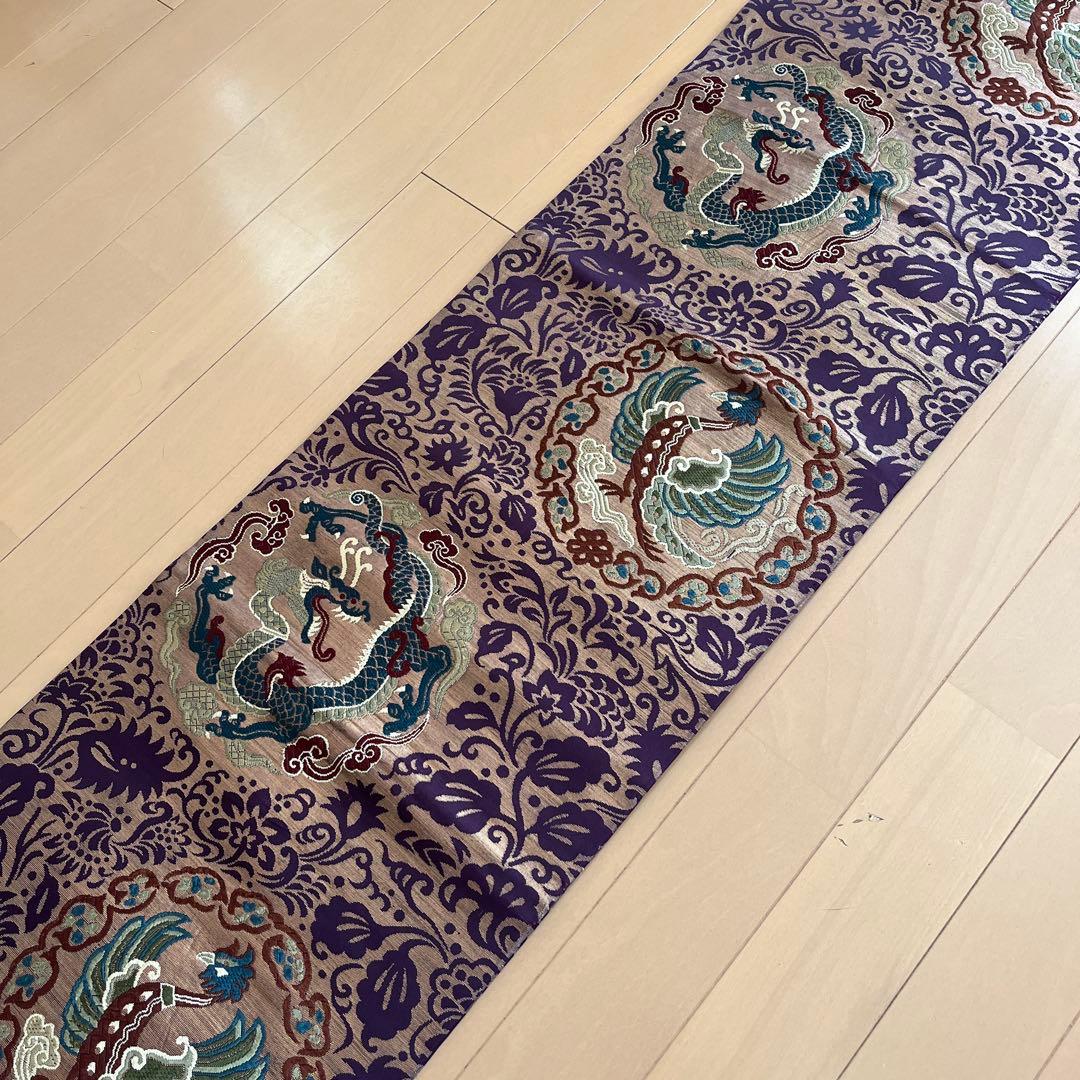＊しおり＊丸帯 アンティーク 正絹 龍と鳳凰 ブラウンゴールド紫緑 難あり