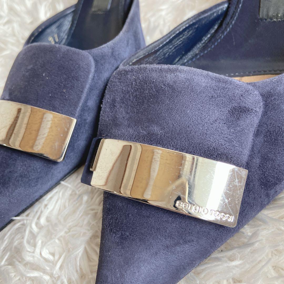 セルジオロッシ　sr1　ローヒールパンプス　ネイビー　37　メタルプレート