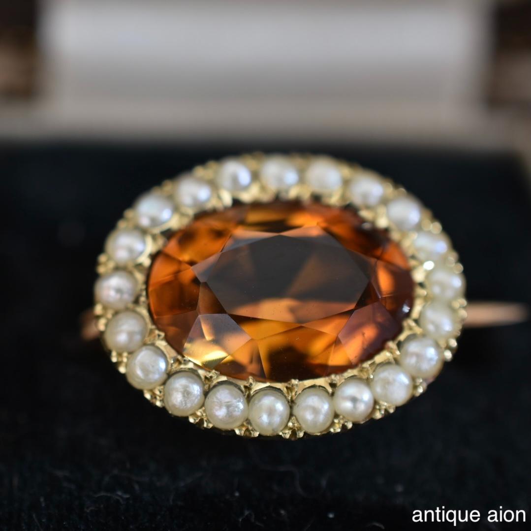 英国アンティーク 1900年前後 9金 天然シトリンと天然シードパールのブローチ