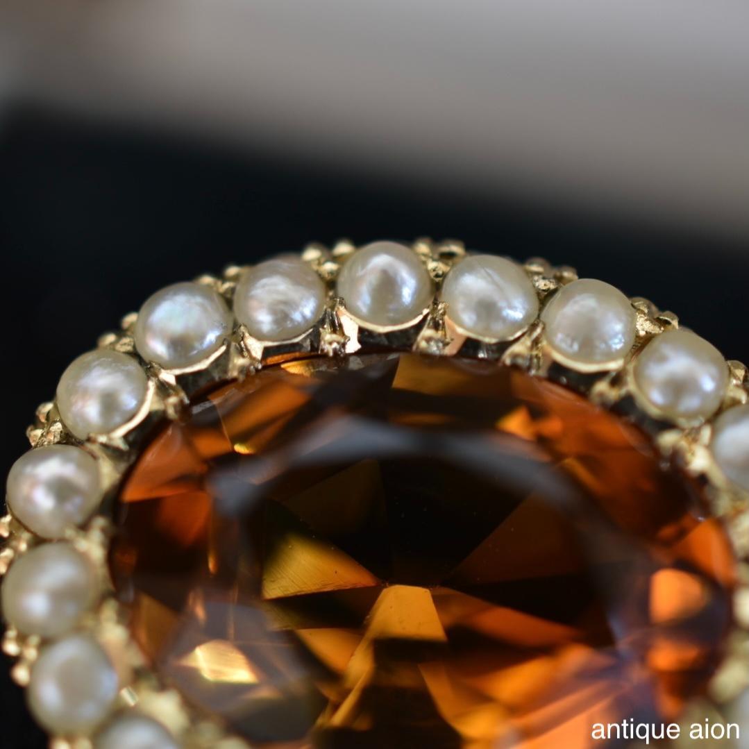 英国アンティーク 1900年前後 9金 天然シトリンと天然シードパールのブローチ