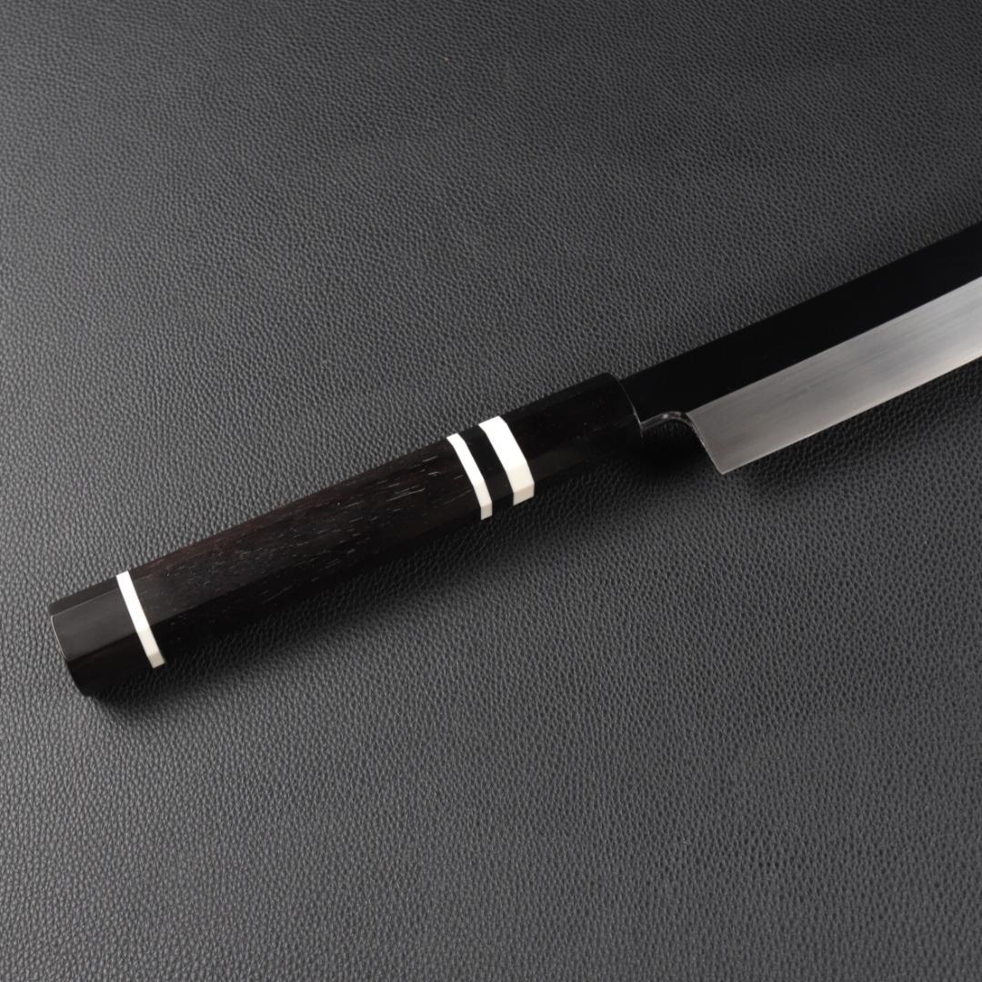 10968鬼反り先丸包丁尺二鏡面仕上げ刺身包丁刃は究極の切れ味黒檀白三本巻八角柄