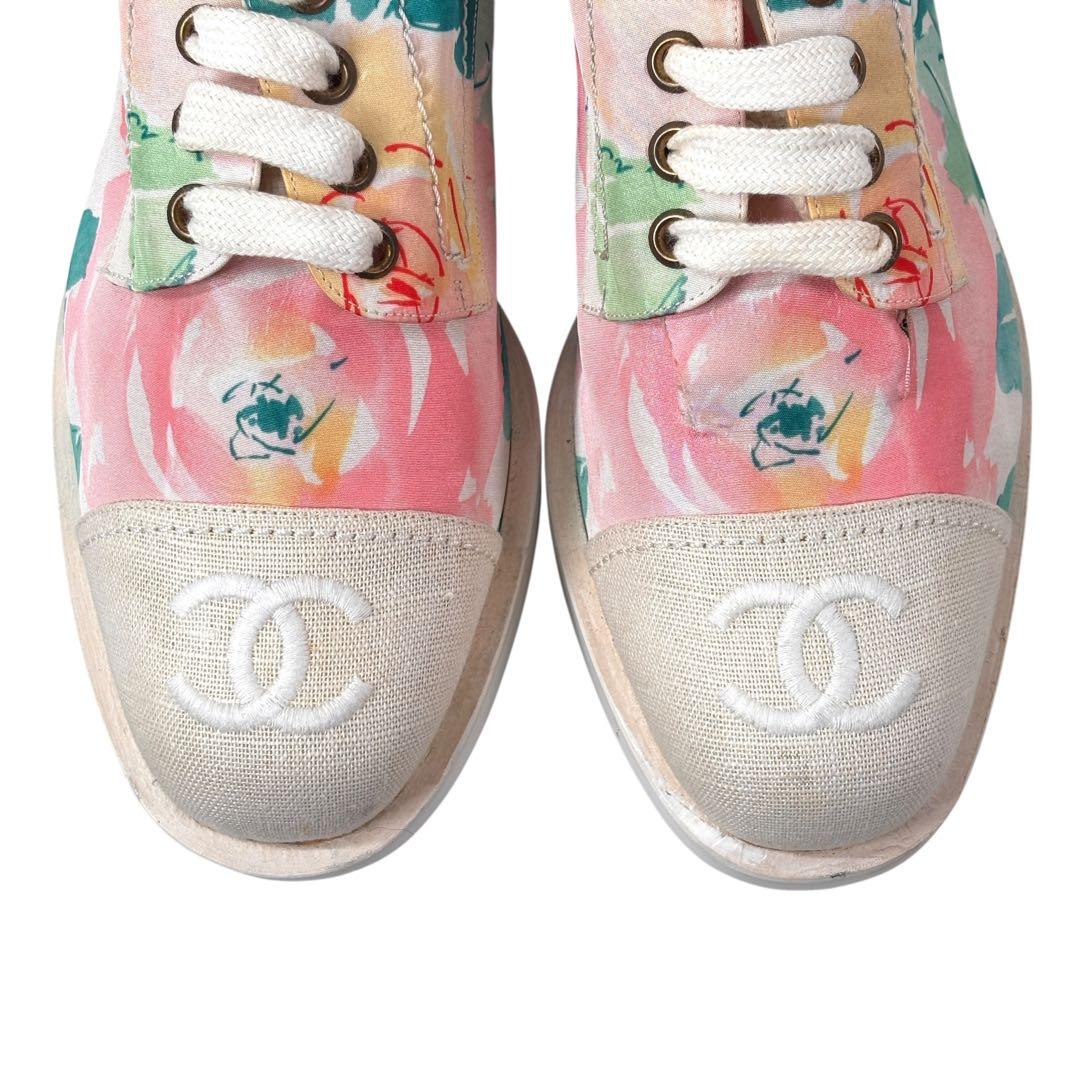 シャネル CHANELフラワー柄 レースアップシューズ 38 ※難あり