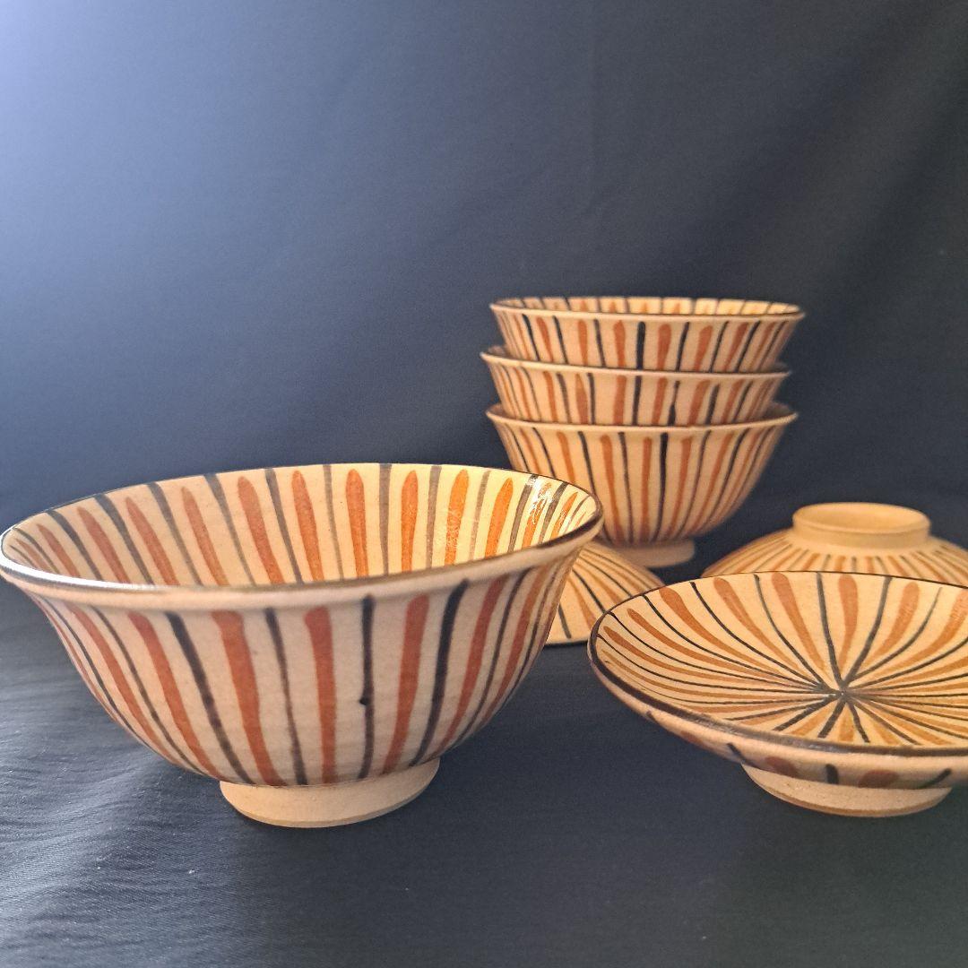 「麦わら手(で)を愉しむ！」瀬戸焼き蓋茶碗(直径11.5cm) 4客セット 骨董