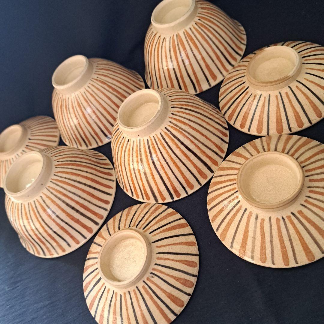 「麦わら手(で)を愉しむ！」瀬戸焼き蓋茶碗(直径11.5cm) 4客セット 骨董