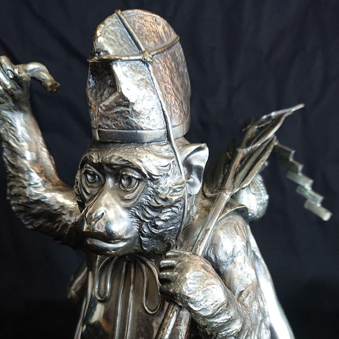 銀製三番叟猿置物 箱付き インテリア 骨董 アンティーク 申年 銀