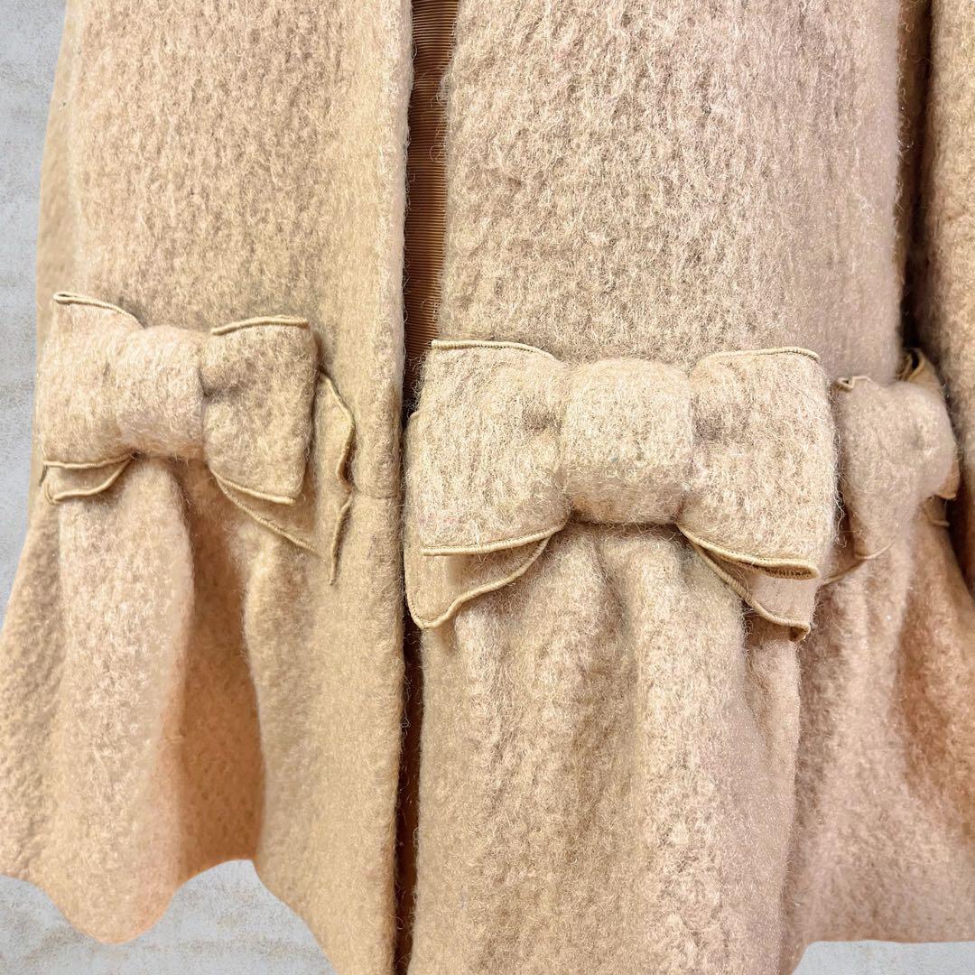 エムズグレイシー ノーカラーコート リボン ベージュ ウール モヘヤ 40