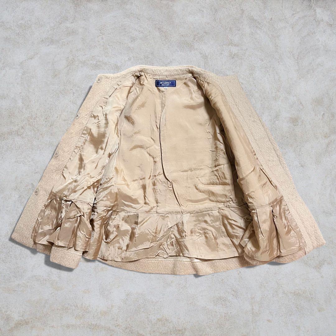 エムズグレイシー ノーカラーコート リボン ベージュ ウール モヘヤ 40