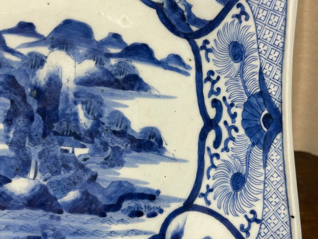 古伊万里　染付山水文角皿　江戸後期