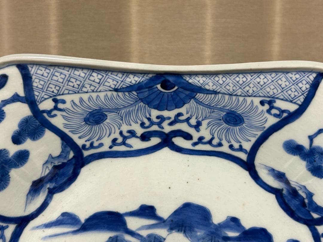 古伊万里　染付山水文角皿　江戸後期