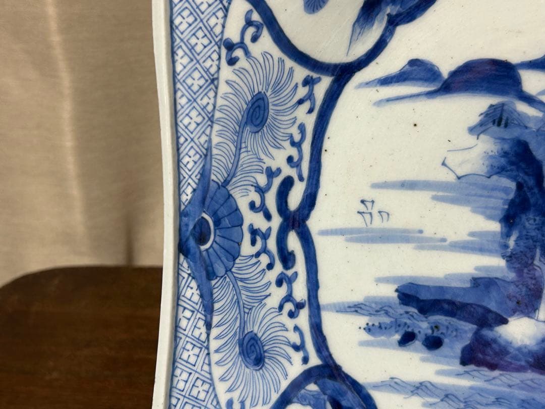 古伊万里　染付山水文角皿　江戸後期