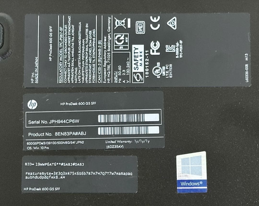 HP ProDesk 600 G5 SFF（i5-9500、0GB、512GB）