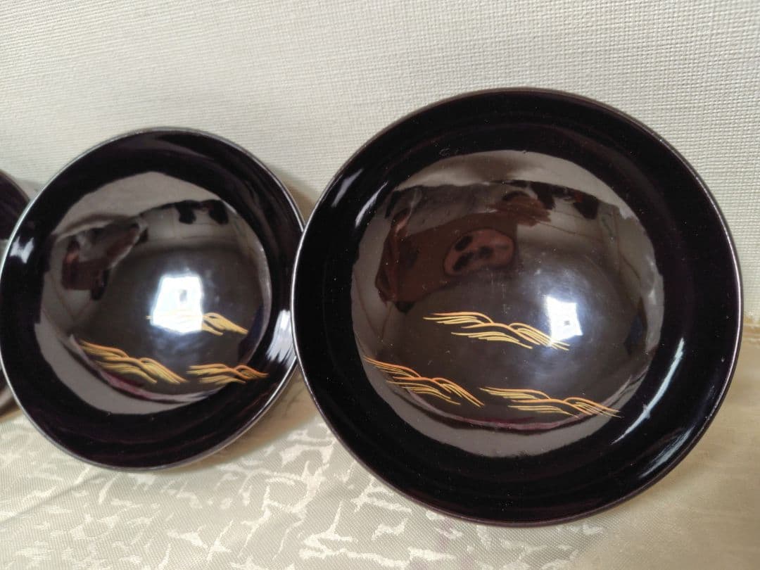 輪島塗　お椀　蒔絵富士山金波模様　吸物椀　三客　木製　当時物　時代物