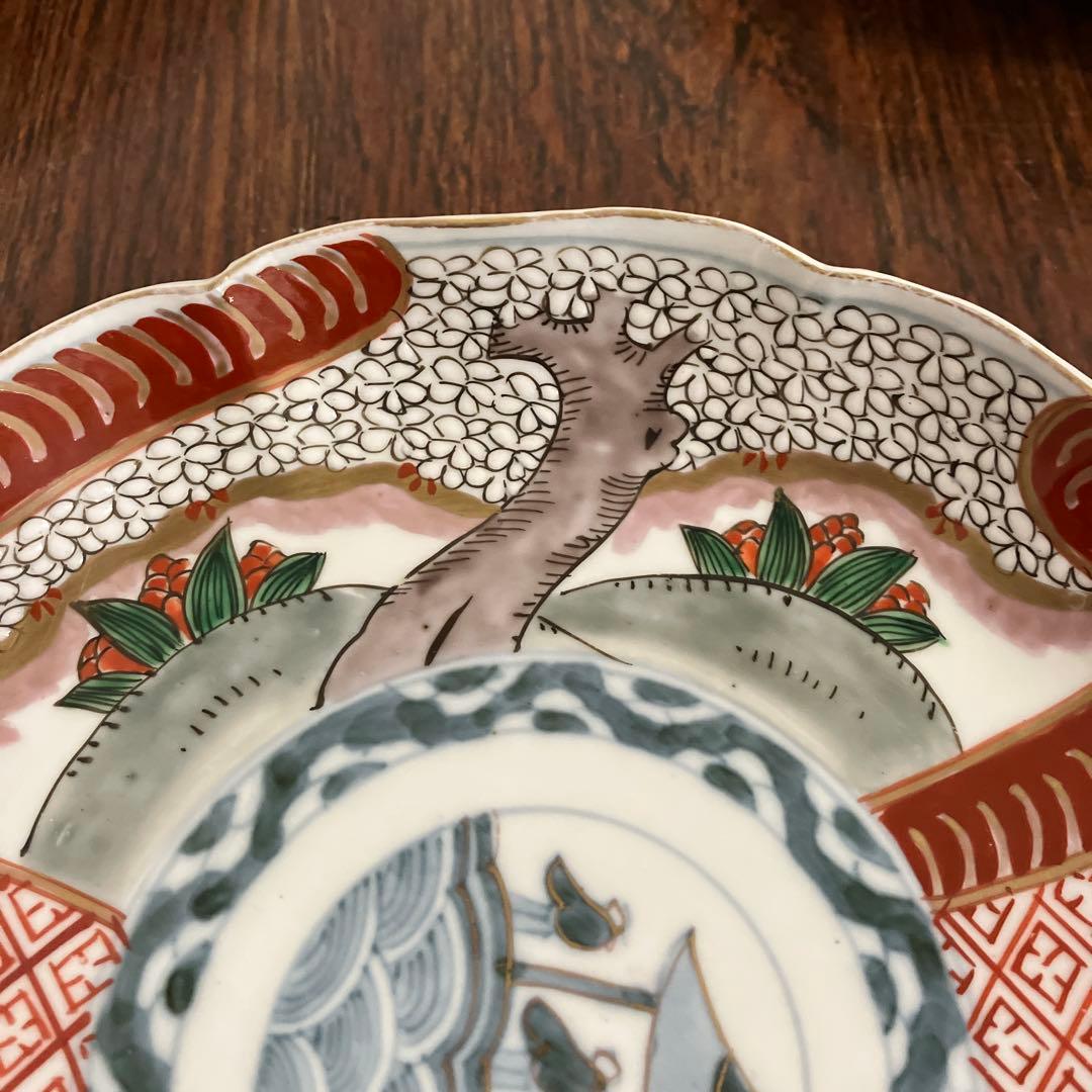 江戸後期〜明治初期｜古伊万里 7寸皿｜染錦 金彩色｜桜の木 唐人