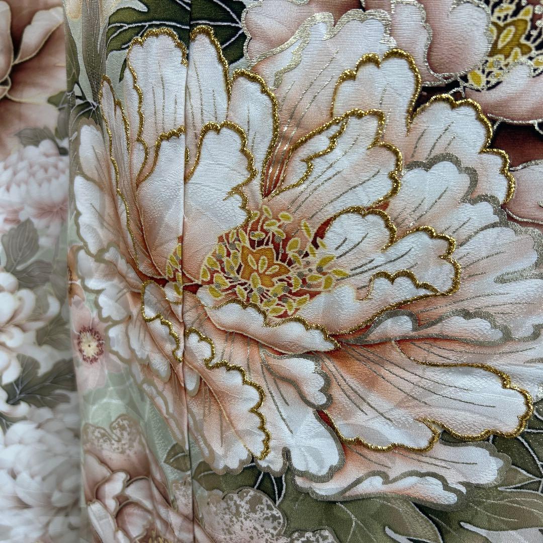 上品なくすみグリーンの牡丹と菊の振袖フルセット