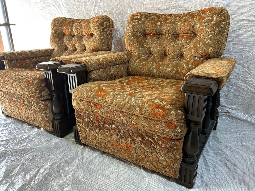 アサヒ木工　アンティーク金華山1Pソファ　昭和レトロ