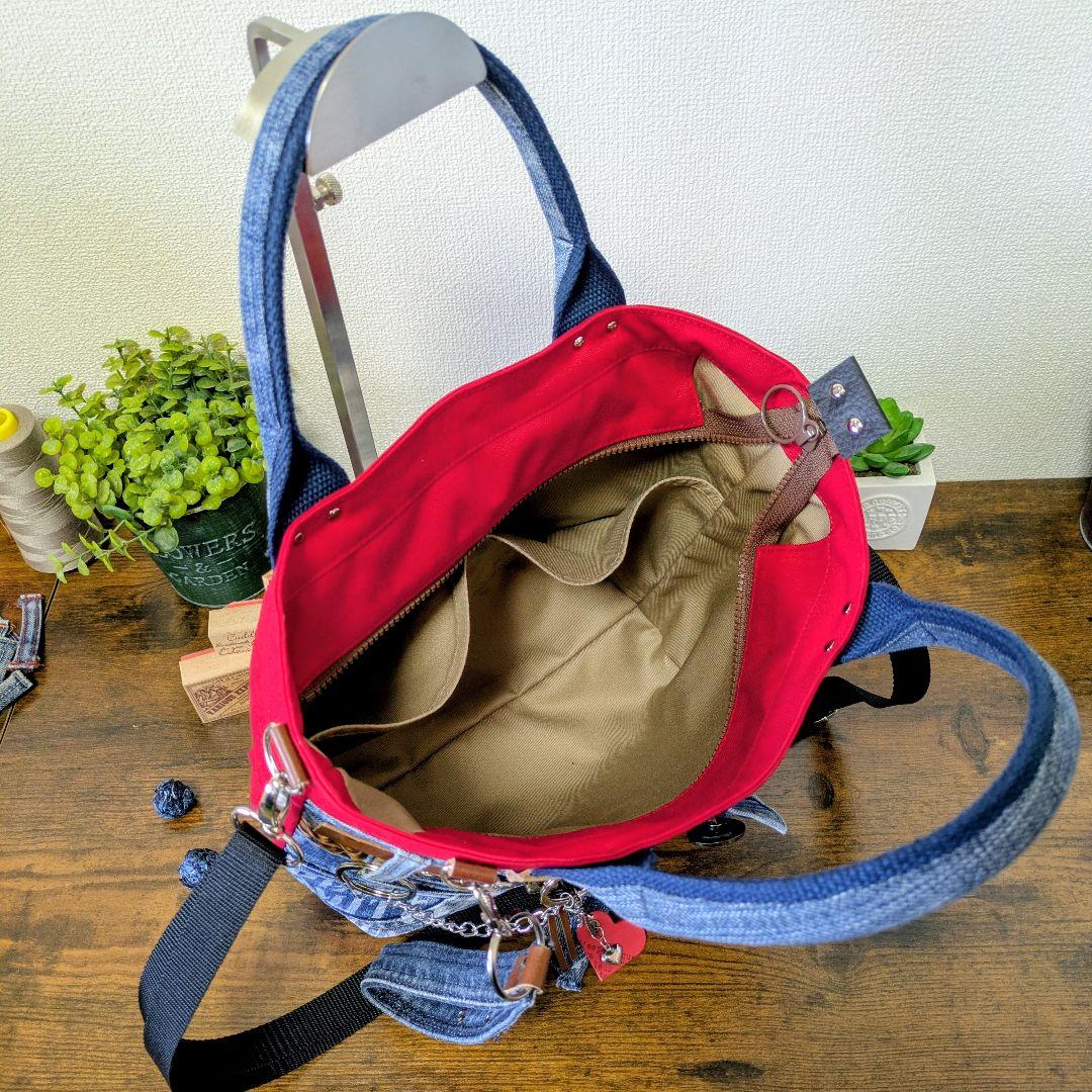 デニムリメイク 2wayトート｜薔薇刺繍×ステンシル・ポケットたくさん・底鋲付き