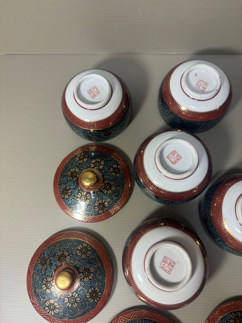 2086 九谷焼　青粒　茶器セット　急須1客　湯呑蓋付5客　金彩