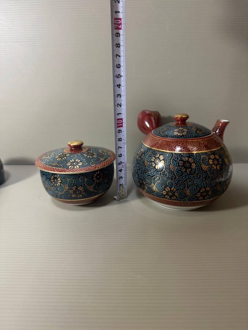 2086 九谷焼　青粒　茶器セット　急須1客　湯呑蓋付5客　金彩