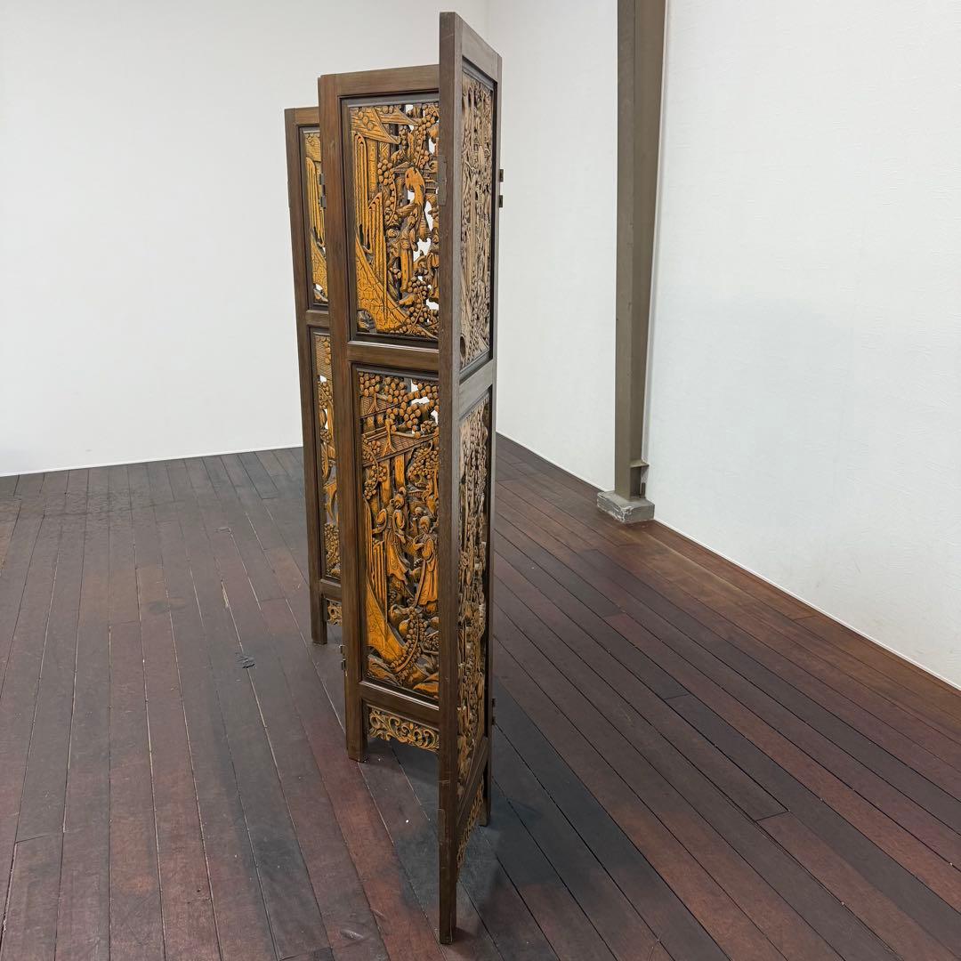 H21K14 木製 透かし彫り 4つ折り パーテーション 4連