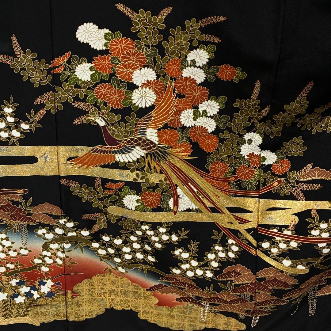 D98 黒留袖 鳳凰 華文 金彩 正絹 着物 袷 しつけ糸付き未使用極美品