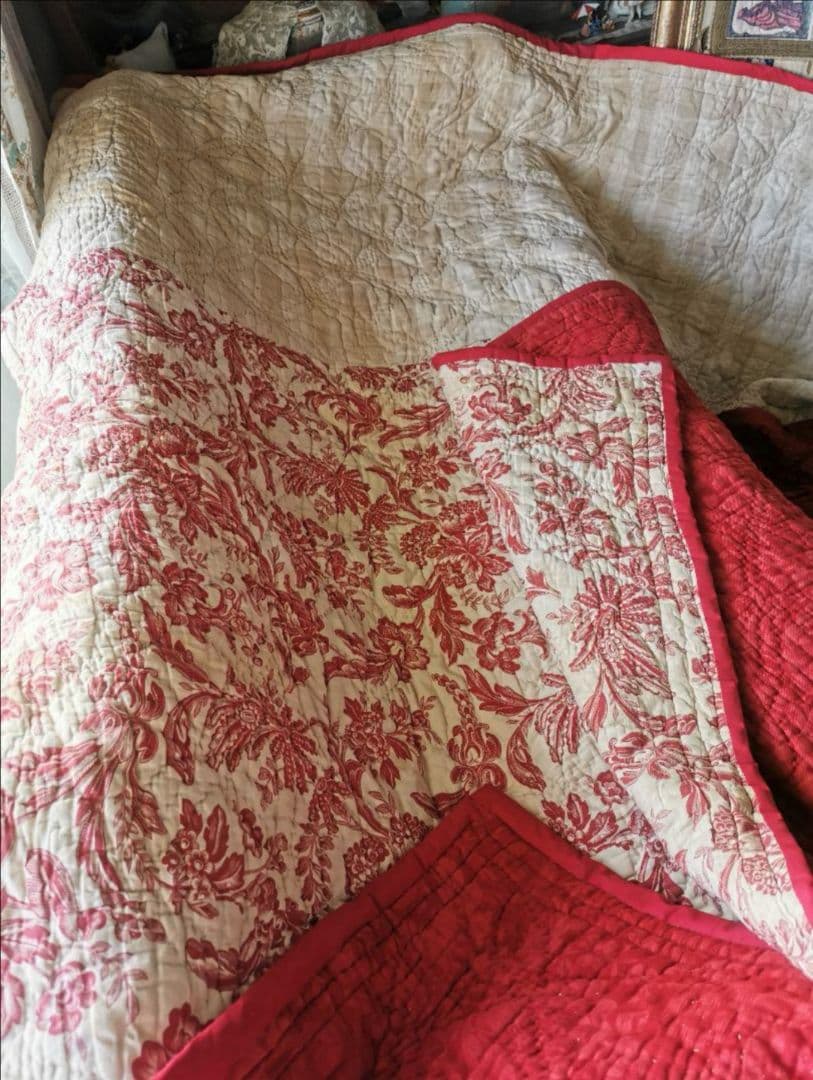 アンティーク フレンチブティ 超肉厚大判キルト ダブルフェイス 花更紗＆チェック