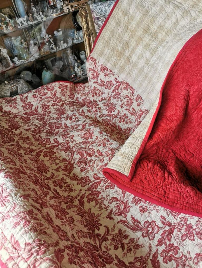 アンティーク フレンチブティ 超肉厚大判キルト ダブルフェイス 花更紗＆チェック