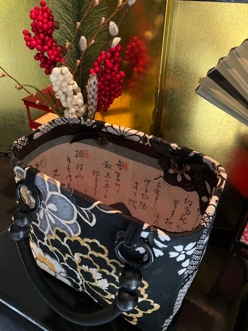 一閑張り　一閑張りバッグ　古文書　和紙　花絵柄　大正　着物　印譜　京友禅　牡丹