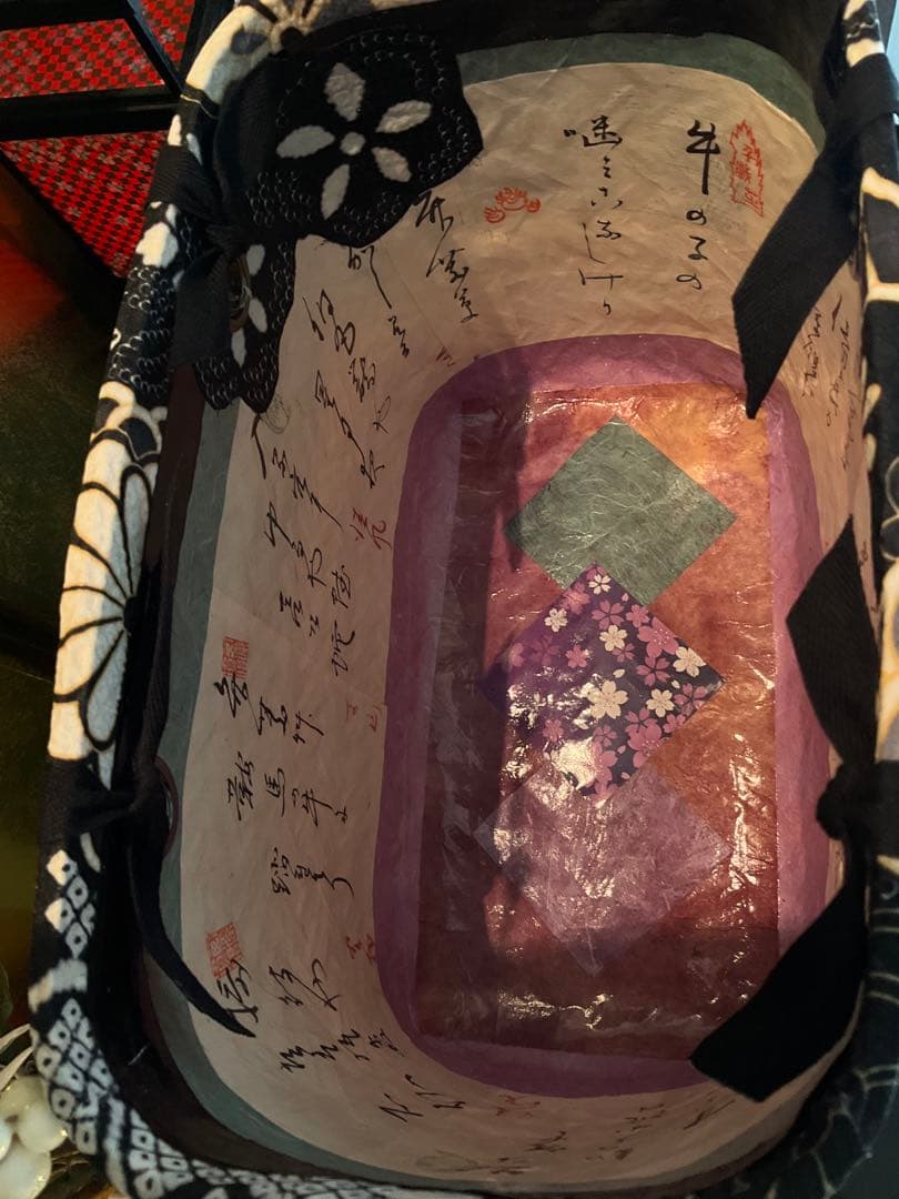一閑張り　一閑張りバッグ　古文書　和紙　花絵柄　大正　着物　印譜　京友禅　牡丹