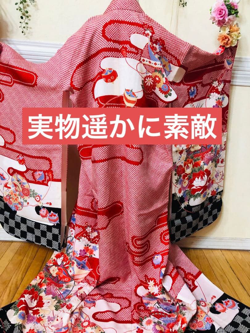 七五三 七歳‼️正絹絞り豪華絢爛‼️手毬花々金彩煌びやか際立つ銘品‼️作り帯楽々人気