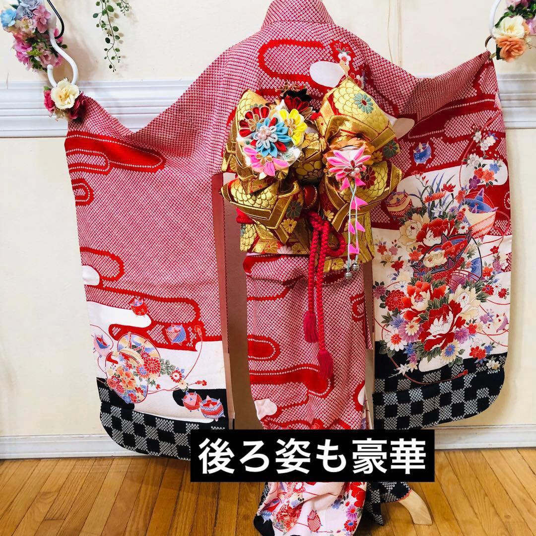 七五三 七歳‼️正絹絞り豪華絢爛‼️手毬花々金彩煌びやか際立つ銘品‼️作り帯楽々人気