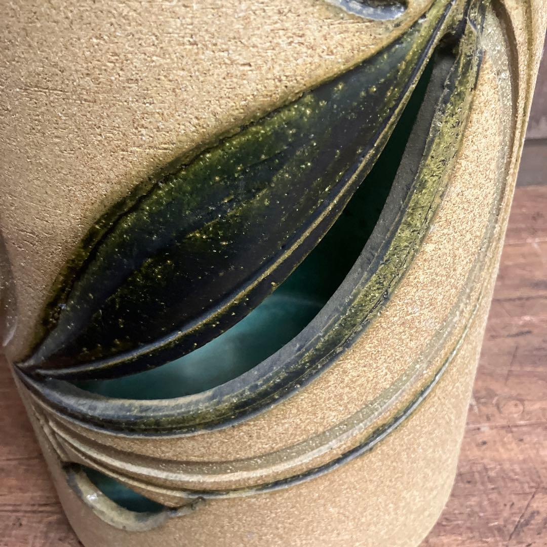 C-5 昭和レトロ 陶器製 傘立て 花柄 浮彫り 和モダン シリンダー型 リーフ