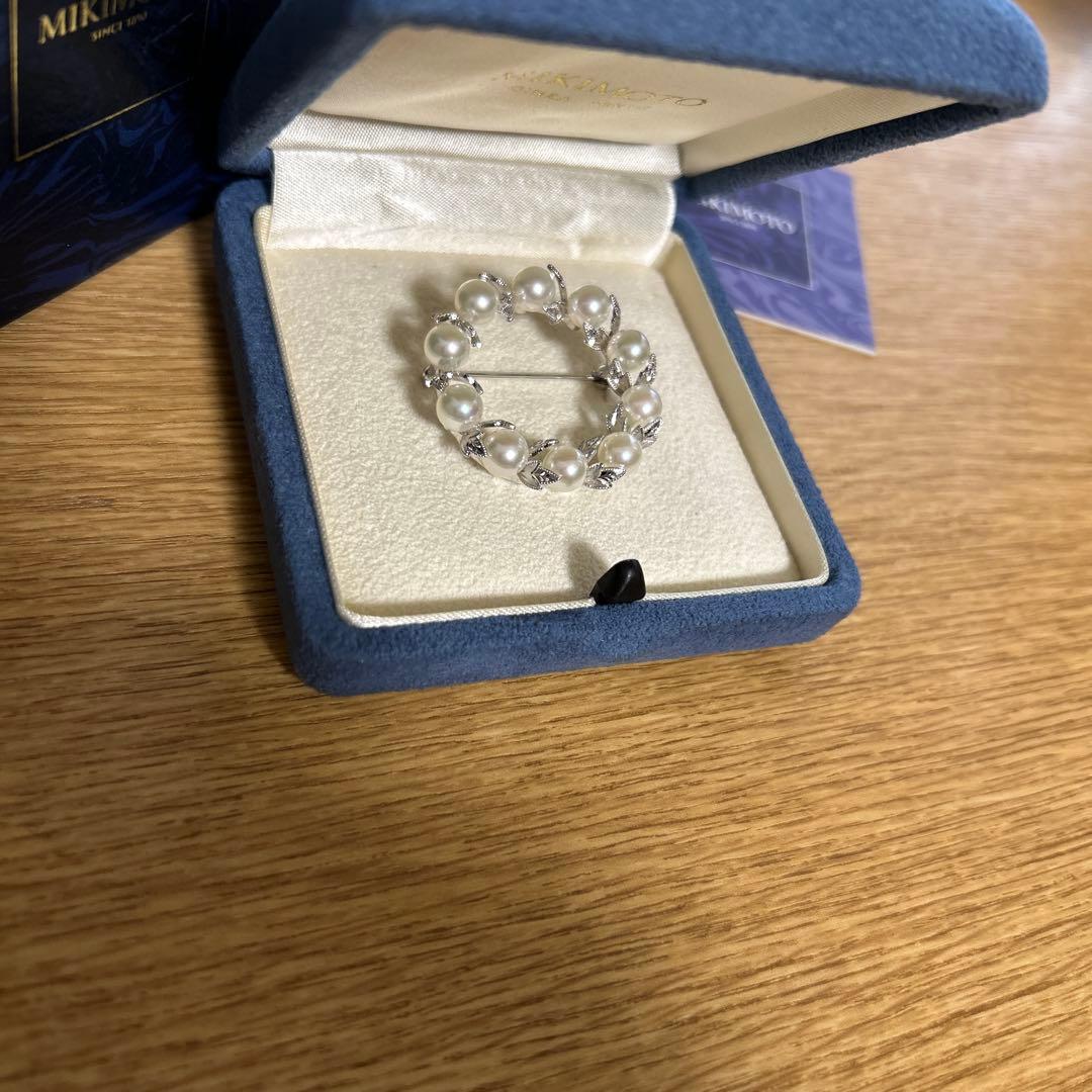 MIKIMOTO ミキモト　真珠　パール　シルバー　葉彫り　月桂樹　ブローチ
