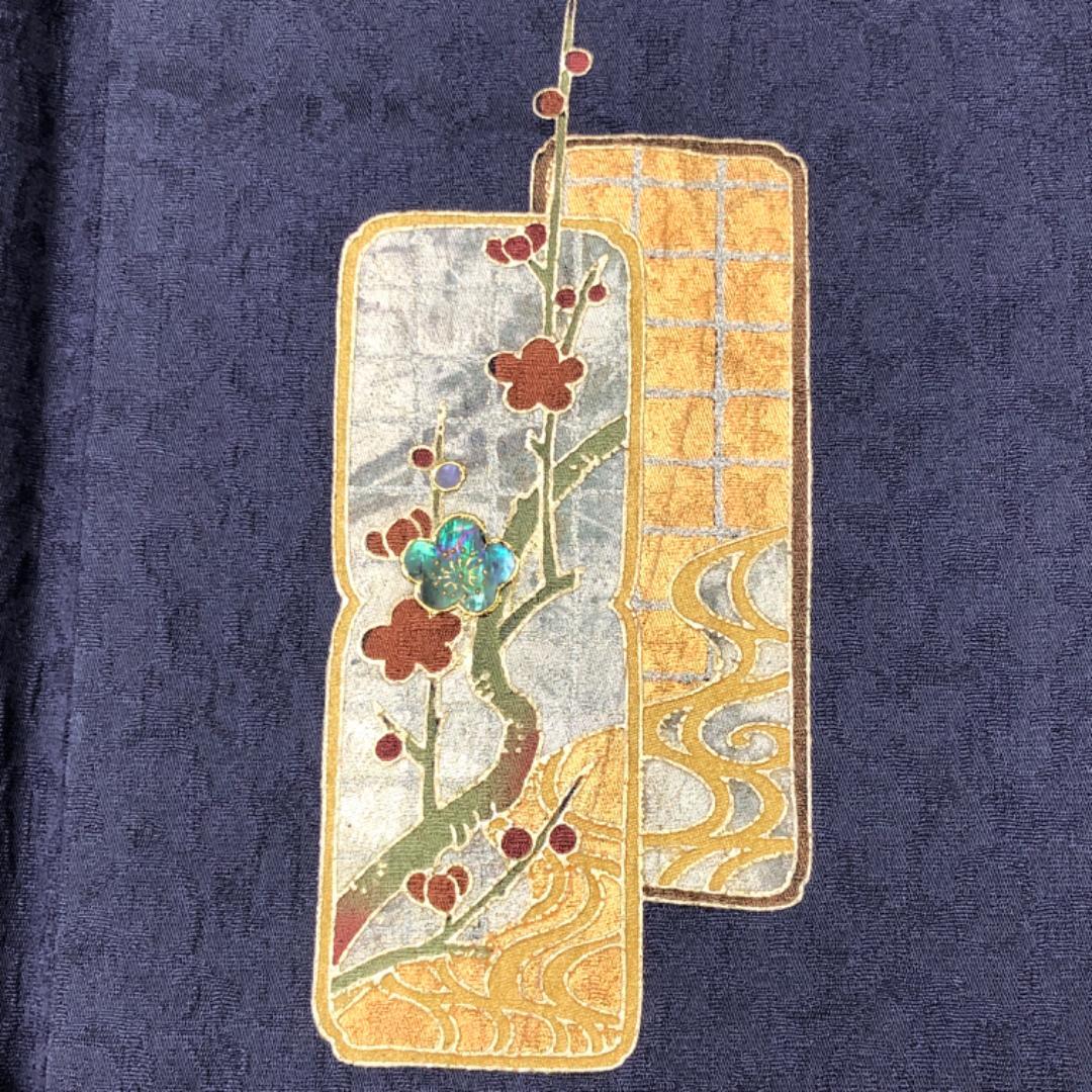 ☆ 色無地 螺鈿作家 甲斐泰造 二藍色 螺鈿 梅の花模様 しつけ糸 K-5433