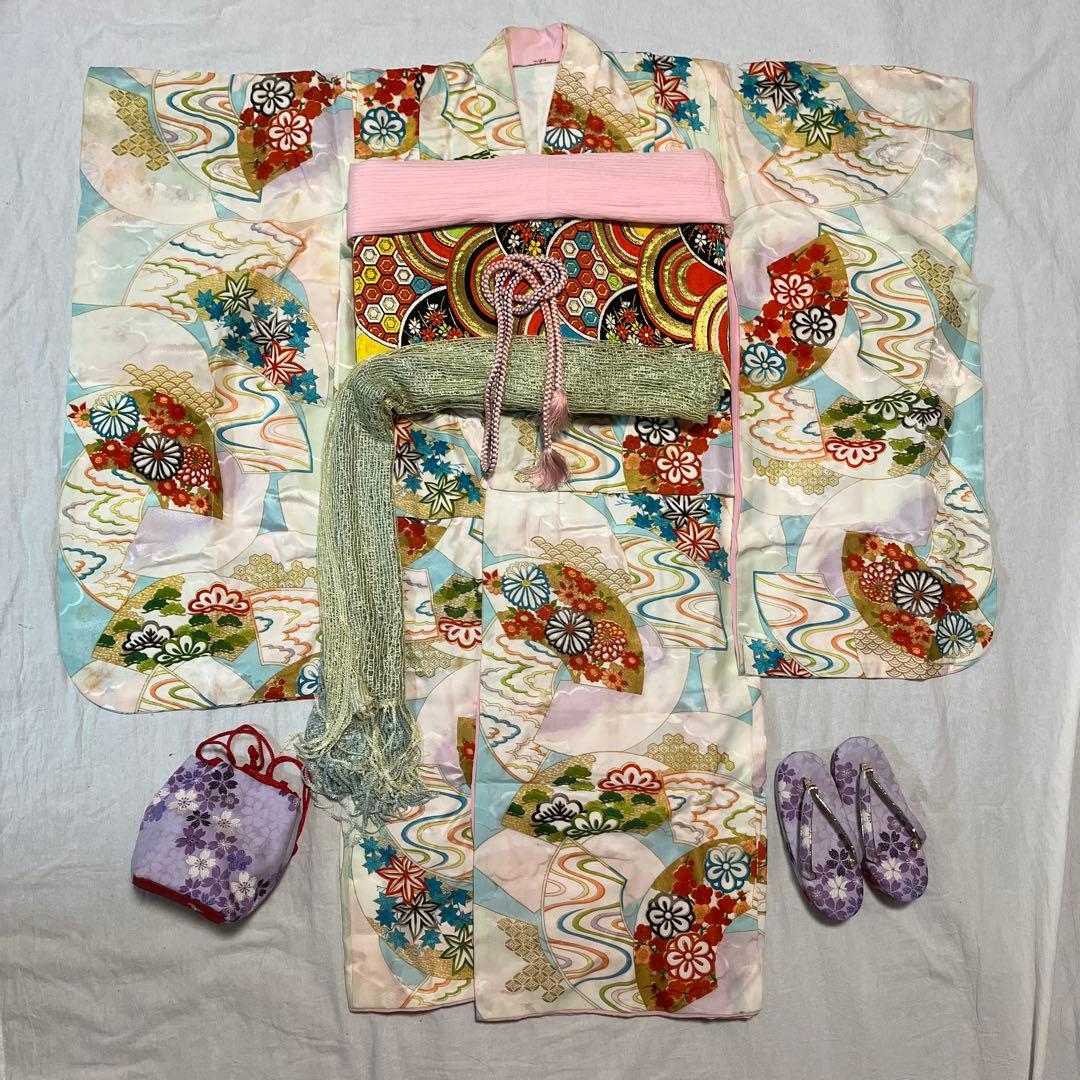 七五三　7歳　着物　正絹　アンティーク　白　水色