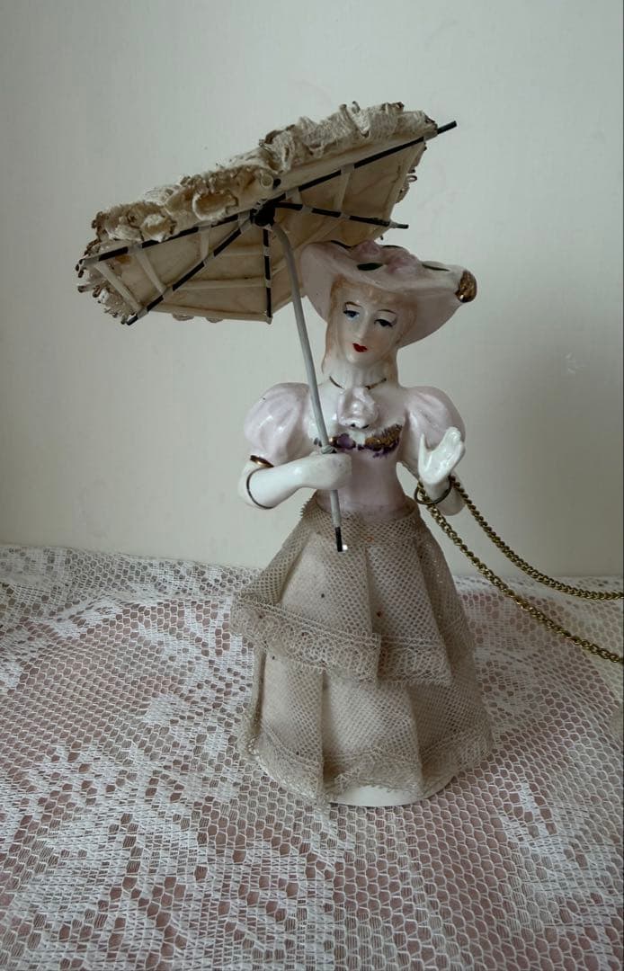 米国アンティーク 親子人形 傘と犬 陶器 フィギュリン