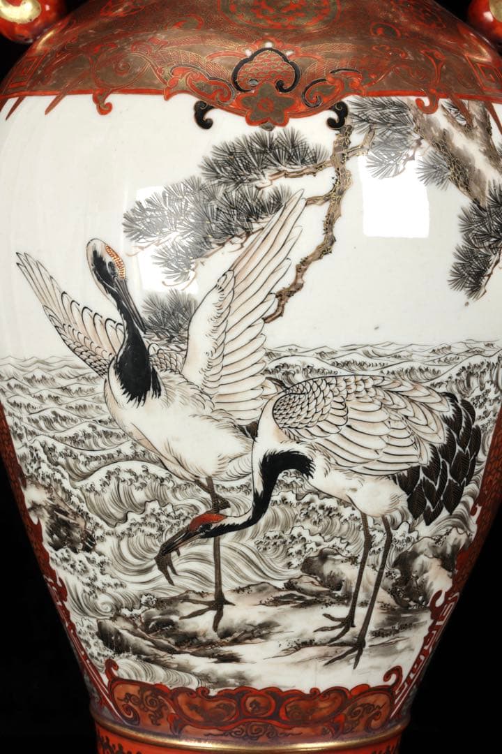 【九谷焼 大日本九谷造】金襴手赤絵金彩 龍双耳飾壺 花瓶 人物松鶴花鳥図 古美術