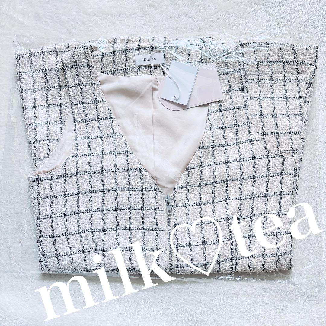 新品タグ付 ダーリッチ フロントファスナーツイードミニワンピース ベージュ