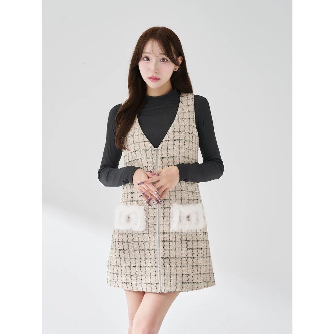 新品タグ付 ダーリッチ フロントファスナーツイードミニワンピース ベージュ