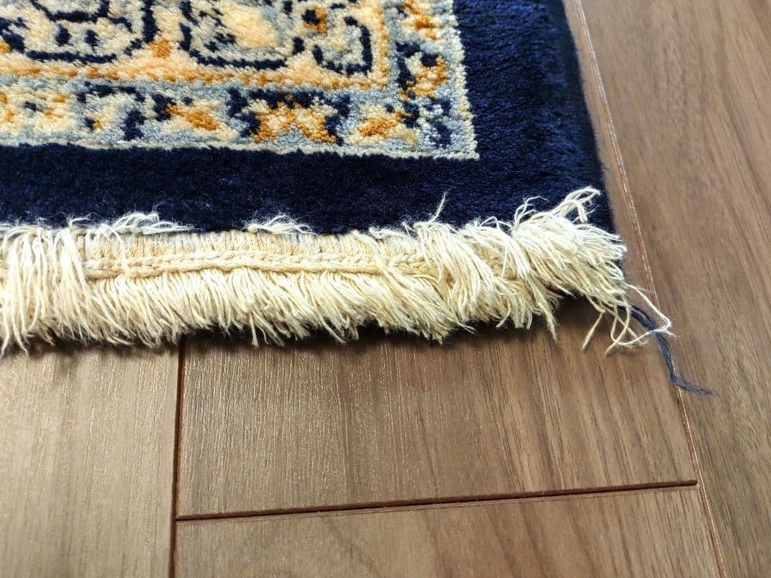 80×120 イラン製 ウール ペルシャ絨毯 メダリオン柄 ネイビー ベージュ