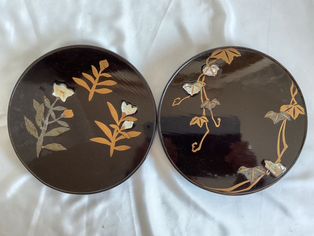 古い「金・銀泥と貝螺鈿の銘各盆5客」/光琳蒔絵