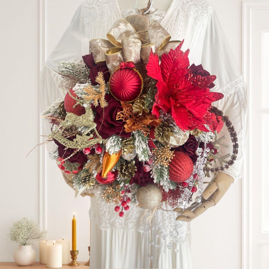 クリスマスレッドローズリース／ボルドー×ゴールドリの高級デザインスワッグ