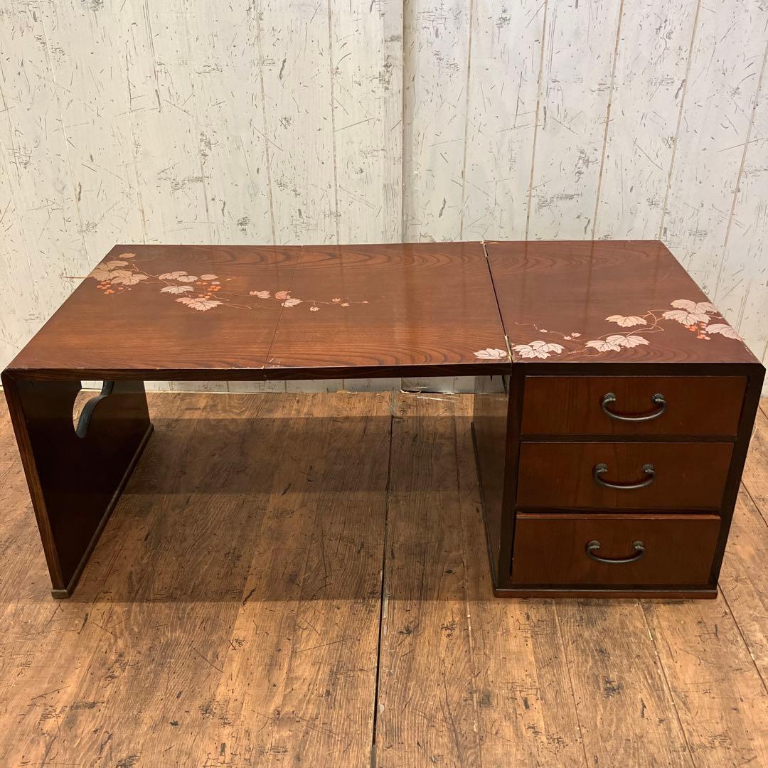 昭和レトロ 木製 葡萄柄 折りたたみ文机 テーブル 箪笥 小箪笥 3段 小物入れ