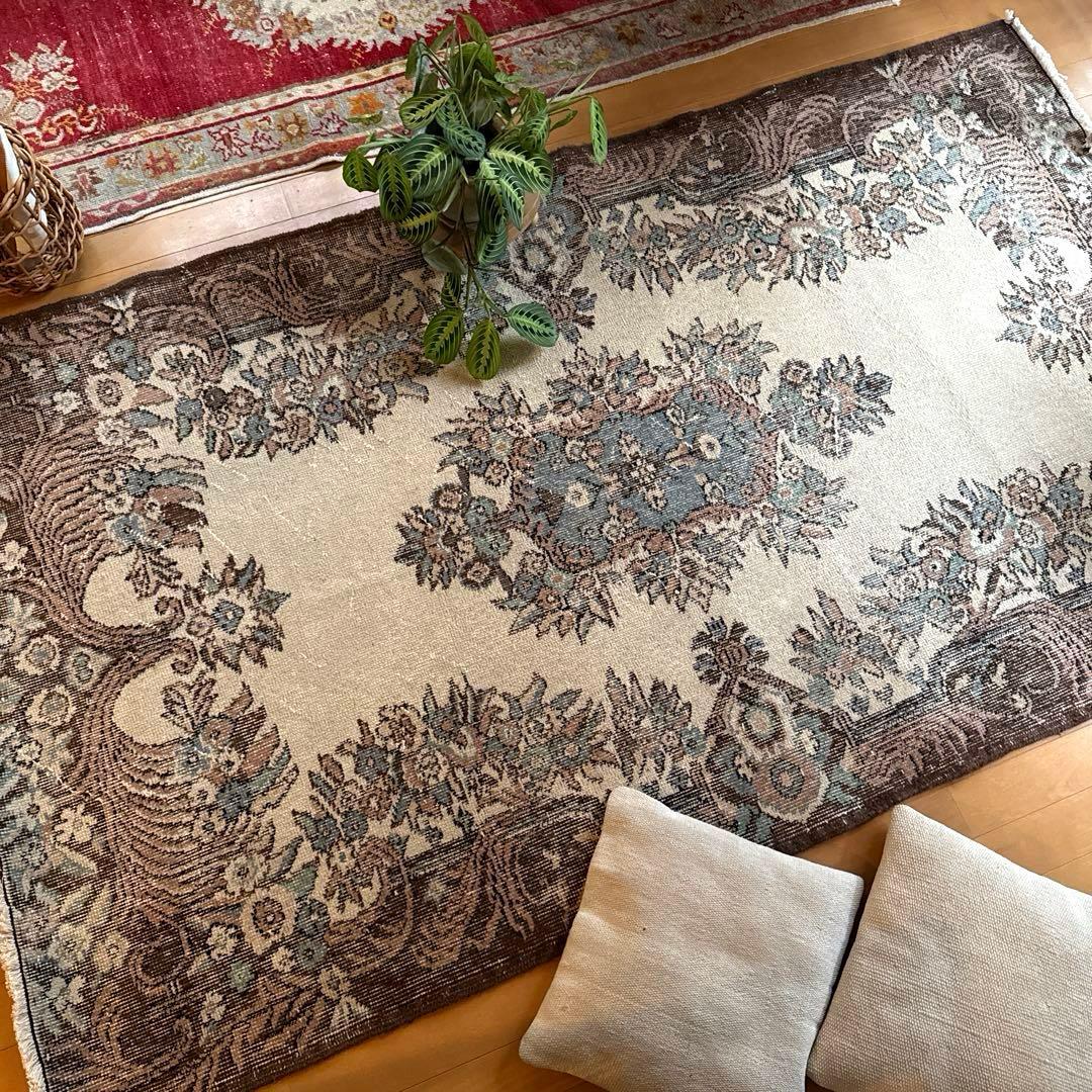 119×204ブラウン×クリーム　ピンク水色　メダリオン　トルコヴィンテージラグ