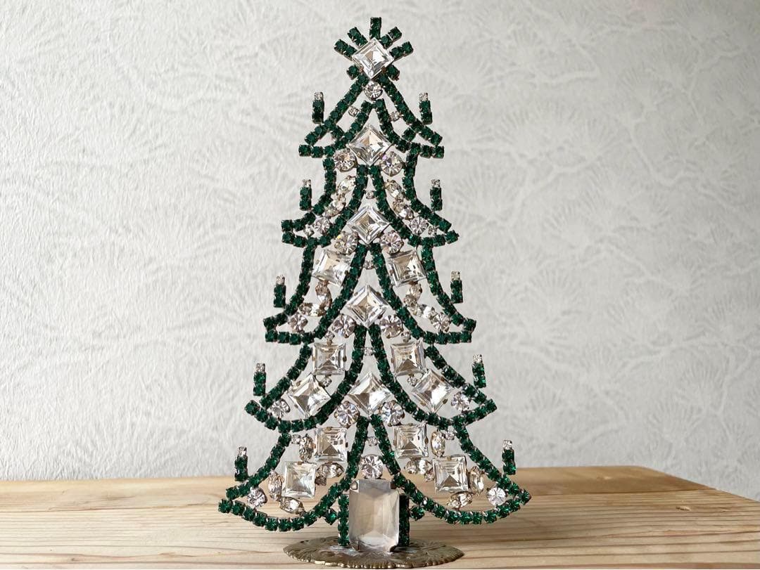 ビンテージ/チェコガラス/クリスマスツリー/Husar.D刻印付/グリーン/卓上